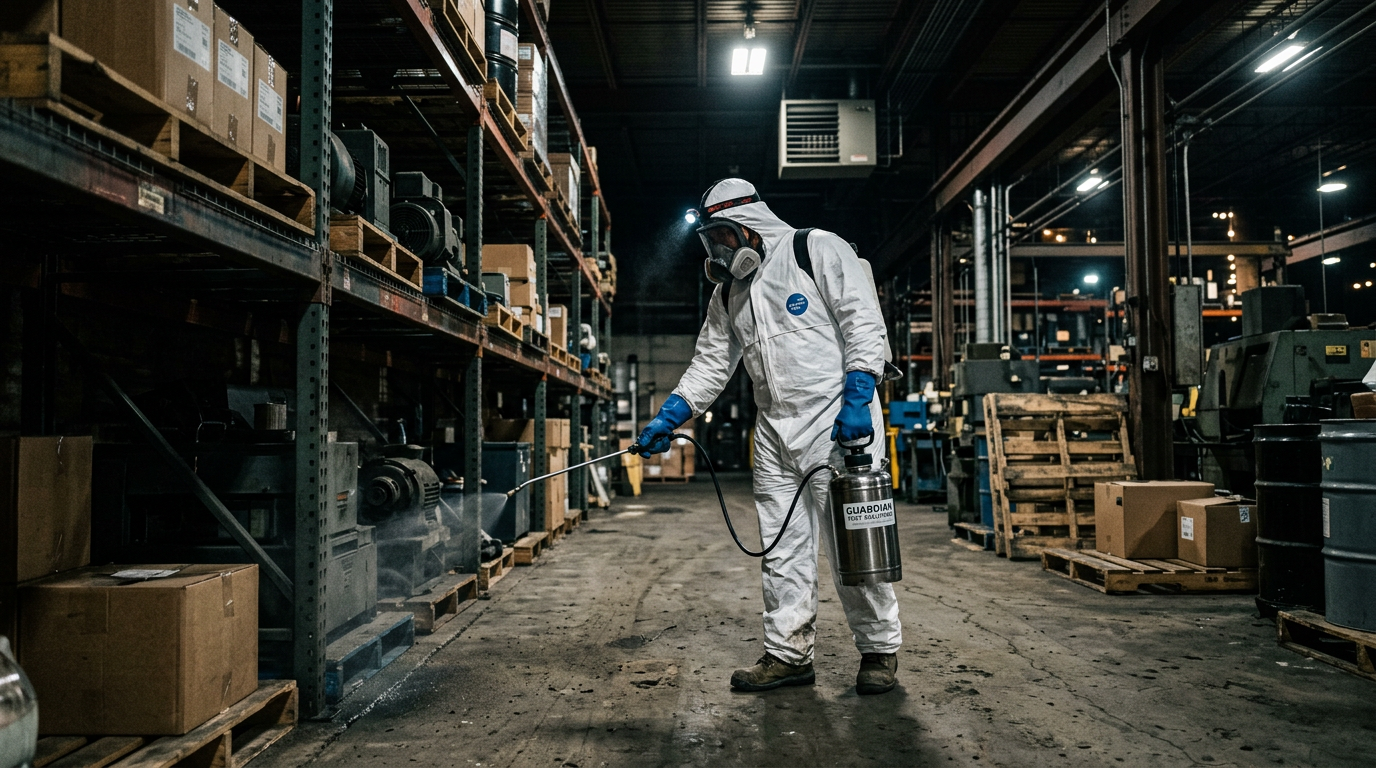 Technicien désinsectisation en équipement de protection traitement bâtiment industriel