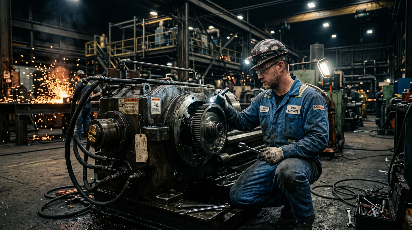 Technicien en combinaison inspectant une machine industrielle