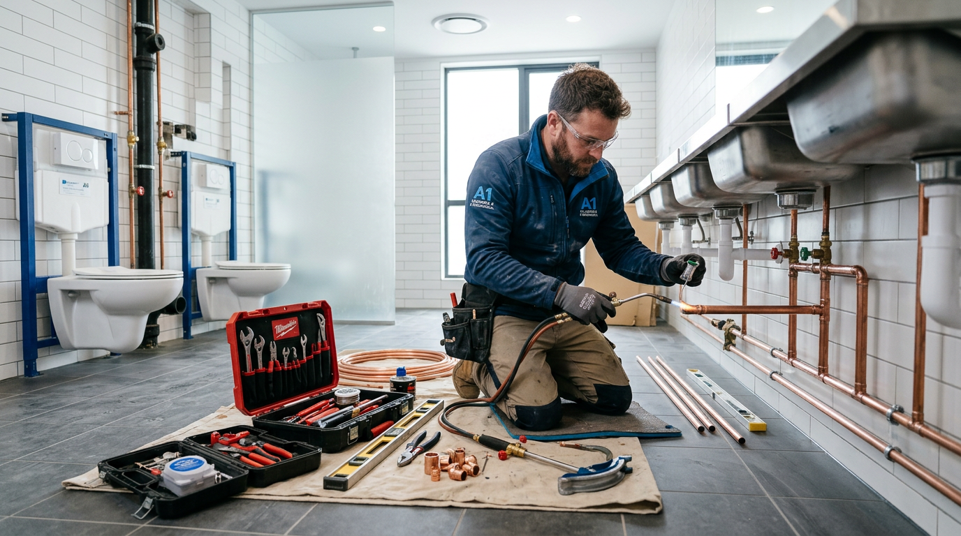 Plombier installant des équipements sanitaires professionnels